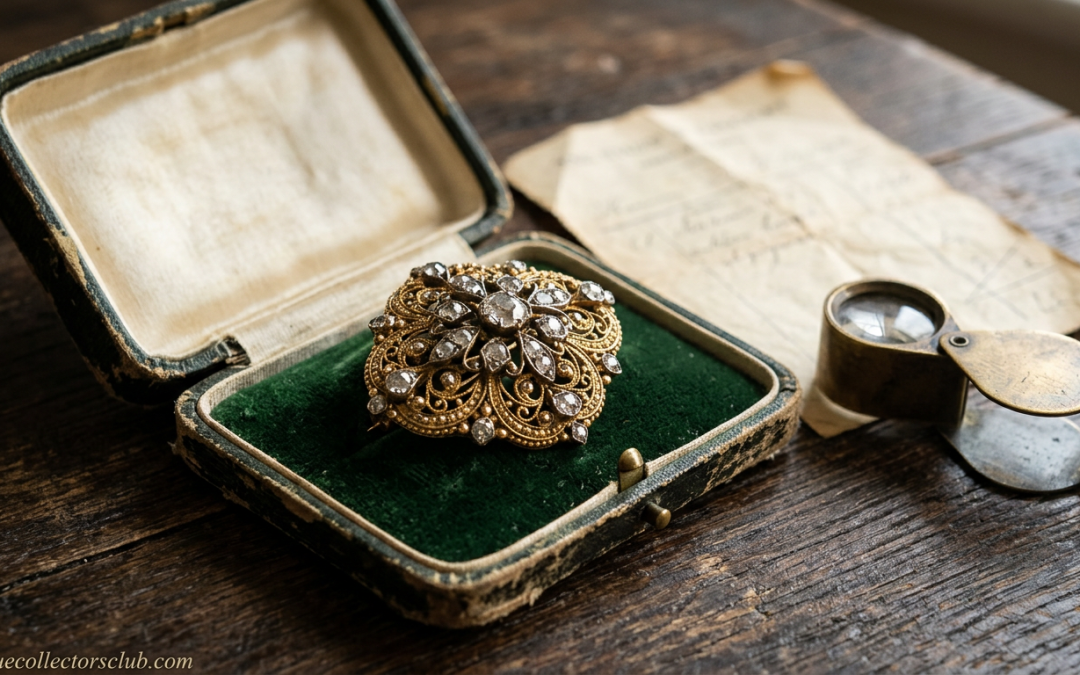 Antique gold and diamond brooch in an original fitted jewelry case beside a jeweler’s loupe