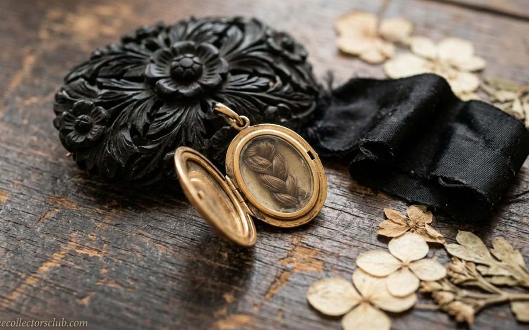 Carved black jet mourning brooch and an open gold locket holding braided hair